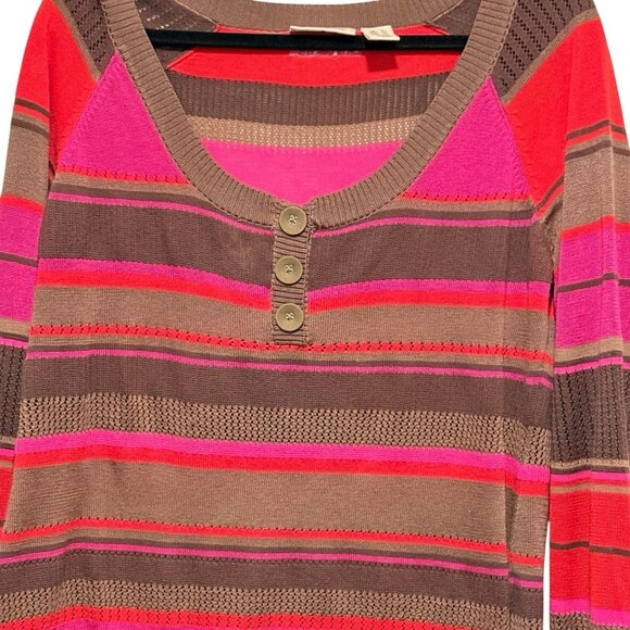 Y2K DKNY Jeans Brown Pink Red Striped Long Sleeve Henley Sweater Womens XL - Picture 4 of 11